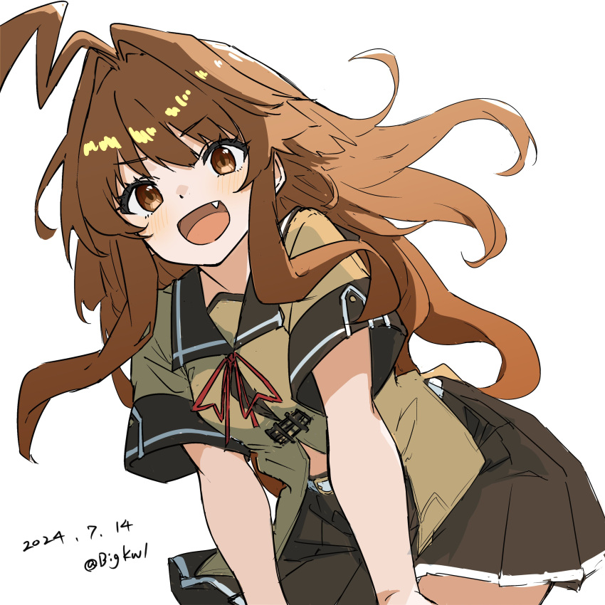 absurdres ahoge bigkwl black_sailor_collar black_skirt brown_eyes brown_hair brown_shirt dated female highres huge_ahoge kantai_collection kuma_(kancolle) kuma_kai_ni_(kancolle) leaning_forward long_hair oerba_yun_fang one-hour_drawing_challenge pleated_skirt sailor_collar sailor_shirt shirt simple_background skirt smile solo twitter_username white_background