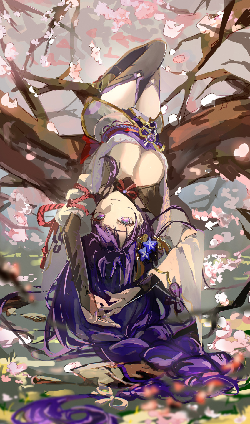 absurdres black_thighhighs blue_flower braid breasts cherry_blossoms commentary dangling female flower genshin_impact hair_flower hair_ornament highres in_tree japanese_clothes kimono large_breasts long_hair lying mochi_upamo mole mole_under_eye obi on_back petals purple_eyes purple_hair purple_kimono raiden_shogun red_sash sash sitting sitting_in_tree solo thighhighs tree very_long_hair