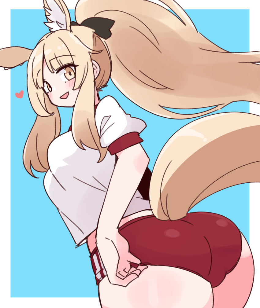 absurdres alternate_costume animal_ear_fluff animal_ears arknights ass ass_focus blemishine_(arknights) blonde_hair blue_background blush female gym_uniform highres horse_ears horse_girl horse_tail long_hair looking_at_viewer nikukabe ponytail tail thighs yellow_eyes