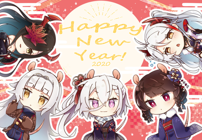 2020 5girls :< animal_ears antenna_hair azur_lane bangs black_choker black_kimono blue_kimono braid breasts brown_hair brown_kimono chibi choker cleavage commentary_request crossed_bangs cup drunk eyebrows_visible_through_hair fan floral_print flower friedrich_der_grosse_(azur_lane) friedrich_der_grosse_(dark_raiments_of_gagaku)_(azur_lane) fur-trimmed_kimono fur_trim hair_between_eyes hair_ornament hair_over_one_eye happy_new_year headpiece holding holding_cup holding_fan horn_ornament iron_cross japanese_clothes kemonomimi_mode kimono large_breasts long_hair looking_at_viewer looking_to_the_side maple_may-gumi mole mole_under_eye multicolored multicolored_clothes multicolored_hair multicolored_kimono multiple_girls new_year obi obijime off-shoulder_kimono plaid plaid_scarf prinz_eugen_(azur_lane) prinz_eugen_(dance_of_a_hundred_flowers)_(azur_lane) purple_eyes purple_kimono quad_braids rat_ears rat_tail red_background red_horns sakazuki sash scarf short_braid side_braid sideboob silver_hair sleeves_past_wrists smile spider_lily streaked_hair swept_bangs tail two_side_up very_long_hair white_hair yellow_eyes z1_leberecht_maass_(azur_lane) z2_georg_thiele_(azur_lane) z46_(azur_lane)