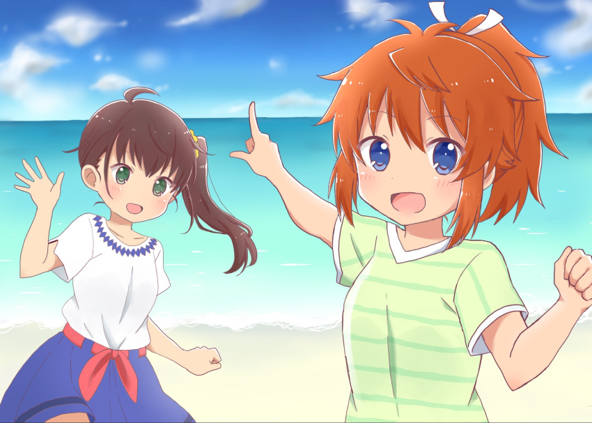 2girls ahoge blue_eyes blue_skirt blue_sky breasts brown_hair cloud collarbone commentary_request day green_eyes green_shirt hair_between_eyes hair_ornament hair_ribbon hair_scrunchie highres horizon koshigaya_natsumi long_hair multiple_girls niizato_aoi non_non_biyori ocean outdoors outstretched_arm pointing ponytail ribbon scrunchie shika_(s1ka) shirt short_sleeves side_ponytail sidelocks skirt sky small_breasts striped_clothes striped_shirt water white_ribbon white_shirt yellow_scrunchie