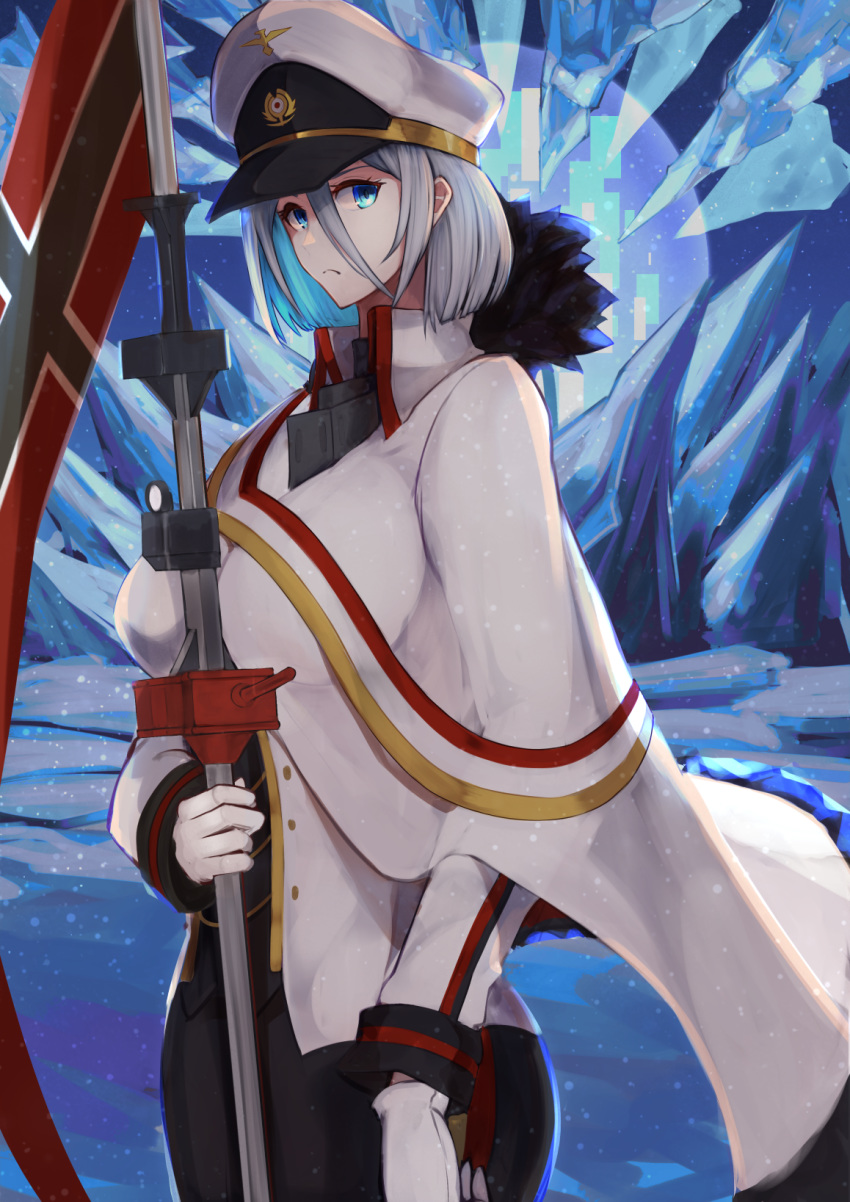 azur_lane blue_eyes commentary_request female formal gloves hair_between_eyes hat highres imperial_war_flag long_sleeves looking_at_viewer marshall_k military military_hat military_uniform miniskirt peaked_cap pencil_skirt short_hair skirt skirt_suit solo suit tirpitz_(azur_lane) uniform white_gloves white_hair