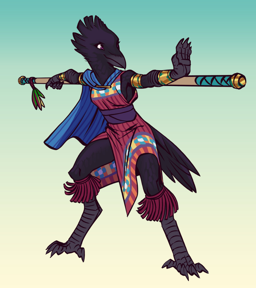 2019 4_toes 5_fingers anthro avian beak bird breasts clothed clothing digital_media_(artwork) dungeons_and_dragons feet female fingers hasbro hi_res kenku makkon non-mammal_breasts simple_background solo toes wizards_of_the_coast