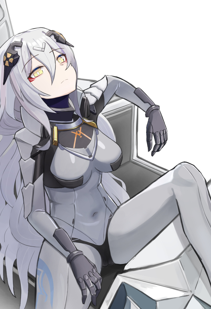 absurdres black_gloves bodysuit breasts commentary commission covered_navel cowboy_shot english_commentary female gamryous girls'_frontline gloves grey_bodysuit hair_between_eyes hair_ornament headgear highres large_breasts long_hair looking_at_viewer miss_eve_(girls'_frontline) nyto_(girls'_frontline) paradeus simple_background sitting skin_tight solo tareus_(girls'_frontline) very_long_hair white_background white_hair yellow_eyes