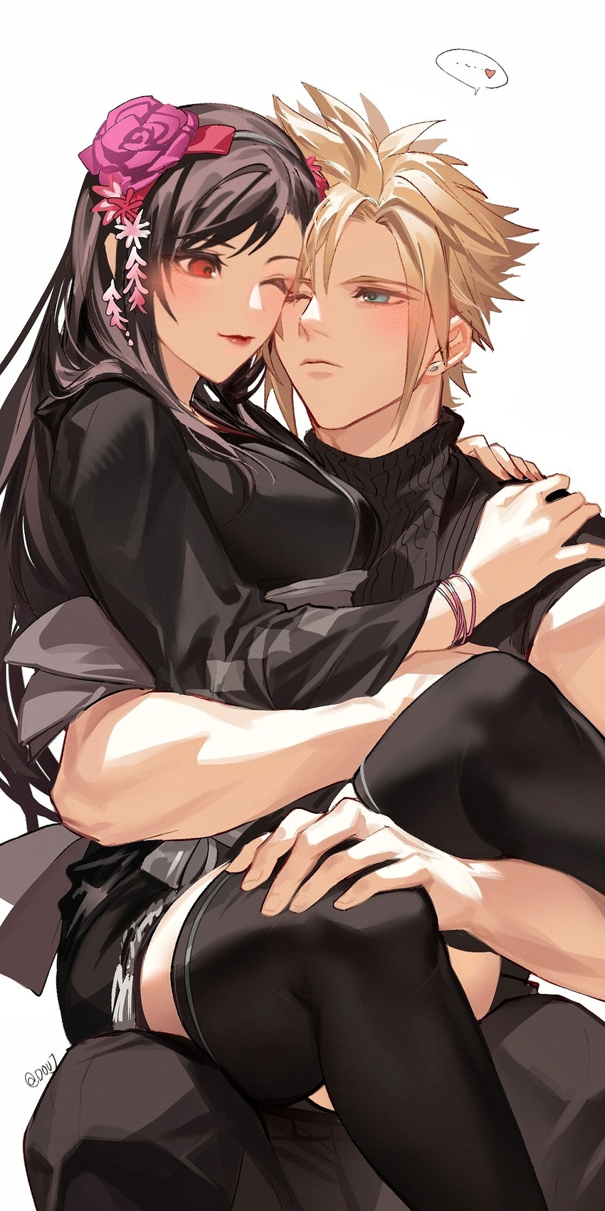 1boy bare_arms black_hair black_thighhighs blonde_hair blue_eyes blush bracelet cloud_strife couple duoj_ji earrings face-to-face female final_fantasy final_fantasy_vii final_fantasy_vii_remake flower hair_flower hair_ornament heads_together heart highres hug japanese_clothes jewelry kimono long_hair looking_at_another official_alternate_costume one_eye_closed red_eyes red_lips sitting sitting_on_lap sitting_on_person sleeveless sleeveless_turtleneck spiked_hair straight sweater thighhighs tifa_lockhart tifa_lockhart_(exotic_dress) turtleneck turtleneck_sweater white_background