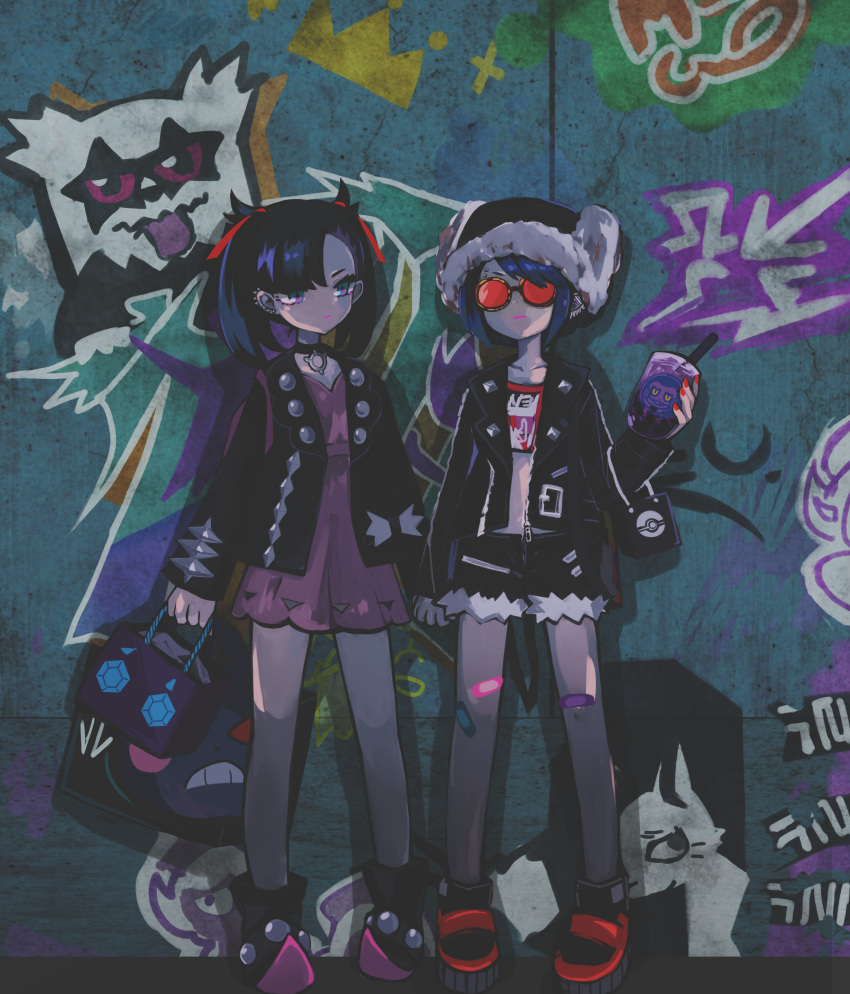 2girls absurdres alternate_costume alternate_hairstyle bag bandaid bandaid_on_leg black_hair black_jacket commentary croagunk crop_top cup disposable_cup dress drinking_straw earrings eyebrow_piercing fur_hat galarian_zigzagoon gloria_(pokemon) graffiti hat highres holding_hands ichinose_(kurui96) impidimp jacket jewelry long_hair looking_at_viewer marnie_(pokemon) morpeko morpeko_(hangry) multiple_girls nail_polish navel piercing pink_dress pokemon pokemon_(creature) pokemon_swsh punk red_nails sableye shopping_bag short_shorts shorts standing stomach stud_earrings sunglasses themed_object twintails wall