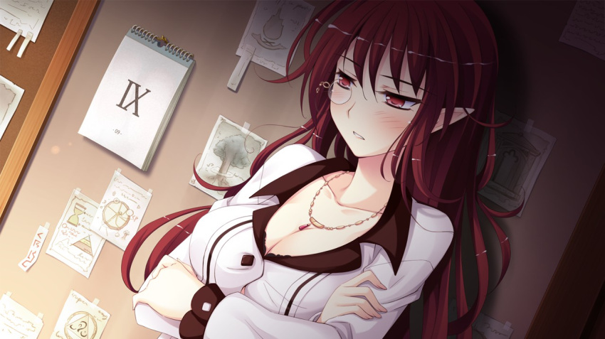 blush breasts cleavage collarbone crossed_arms dutch_angle female game_cg hair_between_eyes indoors jewelry kagami_yuuko ko~cha long_hair long_sleeves medium_breasts necklace parted_lips pointy_ears red_eyes red_hair shirt solo upper_body very_long_hair white_shirt witch's_garden