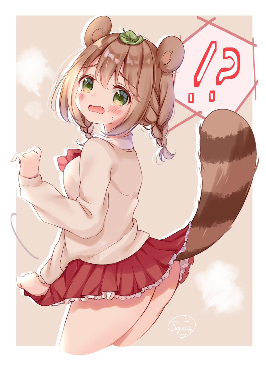 !? animal_ears bad_id bad_twitter_id blush border bow bowtie braid cowboy_shot female frilled_skirt frills green_eyes highres leaf leaf_on_head long_sleeves looking_at_viewer looking_back open_mouth original raccoon_ears raccoon_tail red_bow red_bowtie red_skirt skirt skirt_tug solo sugutsuka_rerun sweater tail thighs twin_braids white_border