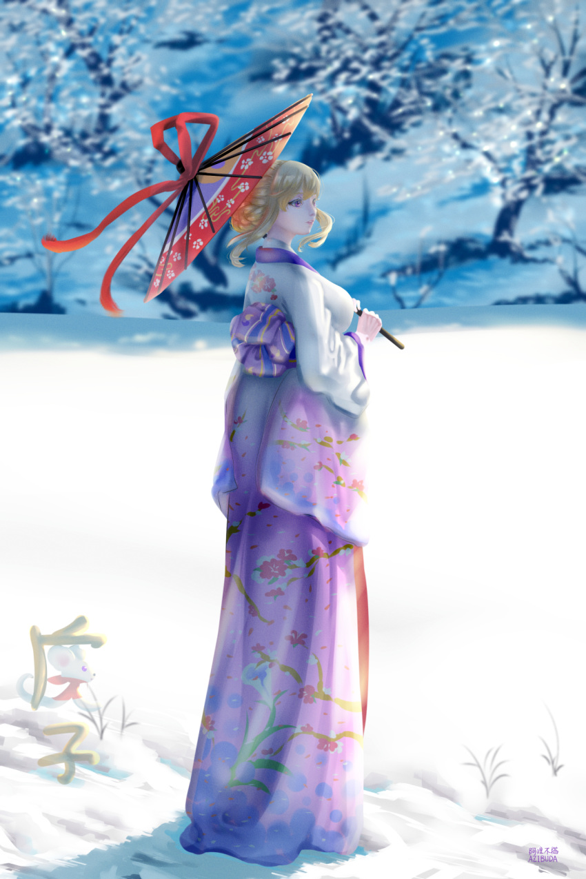 alternate_costume alternate_hairstyle artist_name azibuda backlighting bad_id bad_pixiv_id bare_tree blonde_hair blurry blurry_background breasts colored_eyelashes day female floral_print gradient_kimono hair_between_eyes hair_bun highres holding holding_umbrella ice japanese_clothes kimono large_breasts large_ribbon looking_afar mouse_(animal) nature new_year nose oil-paper_umbrella outdoors parted_lips pink_lips purple_eyes purple_kimono red_ribbon red_umbrella ribbon short_hair sidelocks signature single_hair_bun snow snow_print solo sunlight touhou tree umbrella white_kimono wide_sleeves wind yakumo_yukari yin_yang yin_yang_print