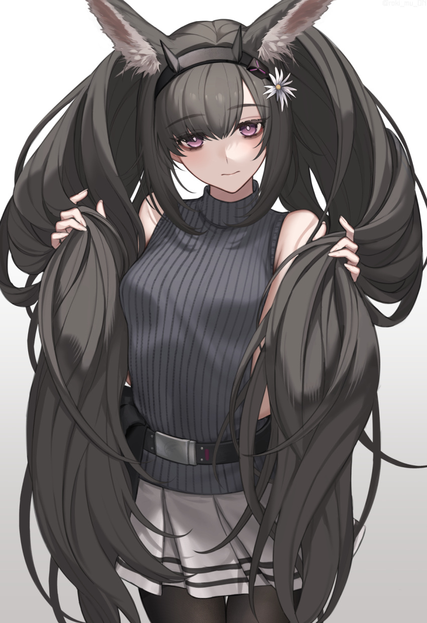 animal_ears arknights bare_shoulders black_hair black_hairband black_pantyhose black_sweater cowboy_shot deer_ears deer_girl extra_ears female flower gradient_background grey_background hair_flower hair_ornament hairband highres holding holding_own_hair long_hair monch_(arknights) pantyhose purple_eyes ribbed_sweater roki_(shouka65) simple_background skirt sleeveless sleeveless_sweater solo sweater twintails very_long_hair white_flower white_skirt