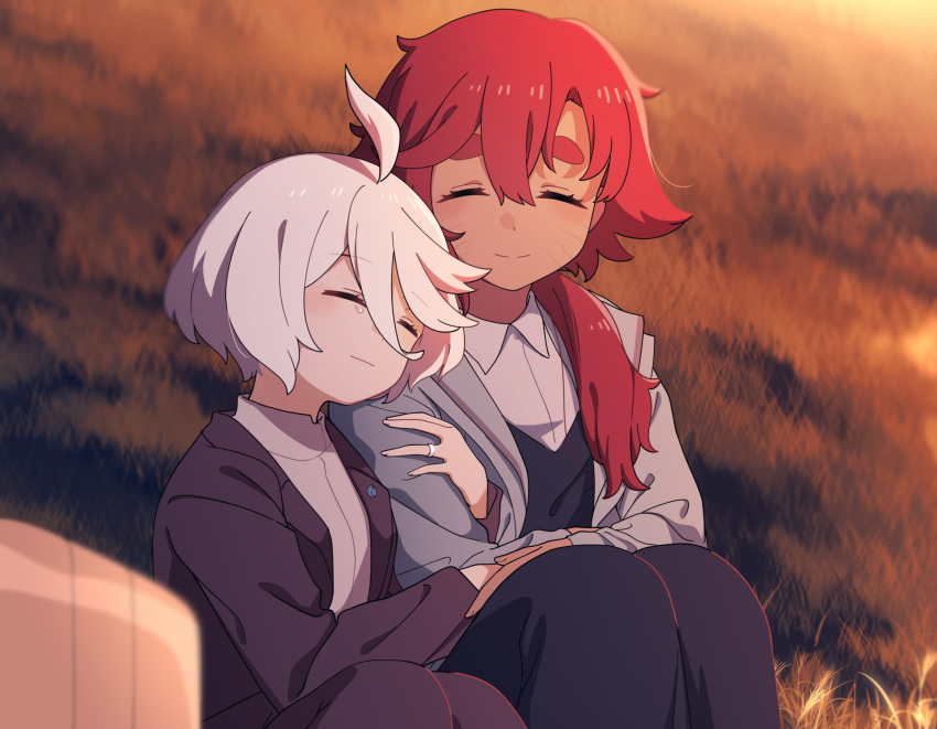 2girls ahoge arm_hug closed_eyes collared_shirt couple grass grey_hair gundam gundam_suisei_no_majo highres jacket jewelry leaning_on_person md5_mismatch miorine_rembran multiple_girls ponytail red_hair ring scar scar_on_cheek scar_on_face shirt short_hair sitting spoilers suit suletta_mercury thick_eyebrows wedding_ring wife_and_wife xion_(pulilulu) yuri