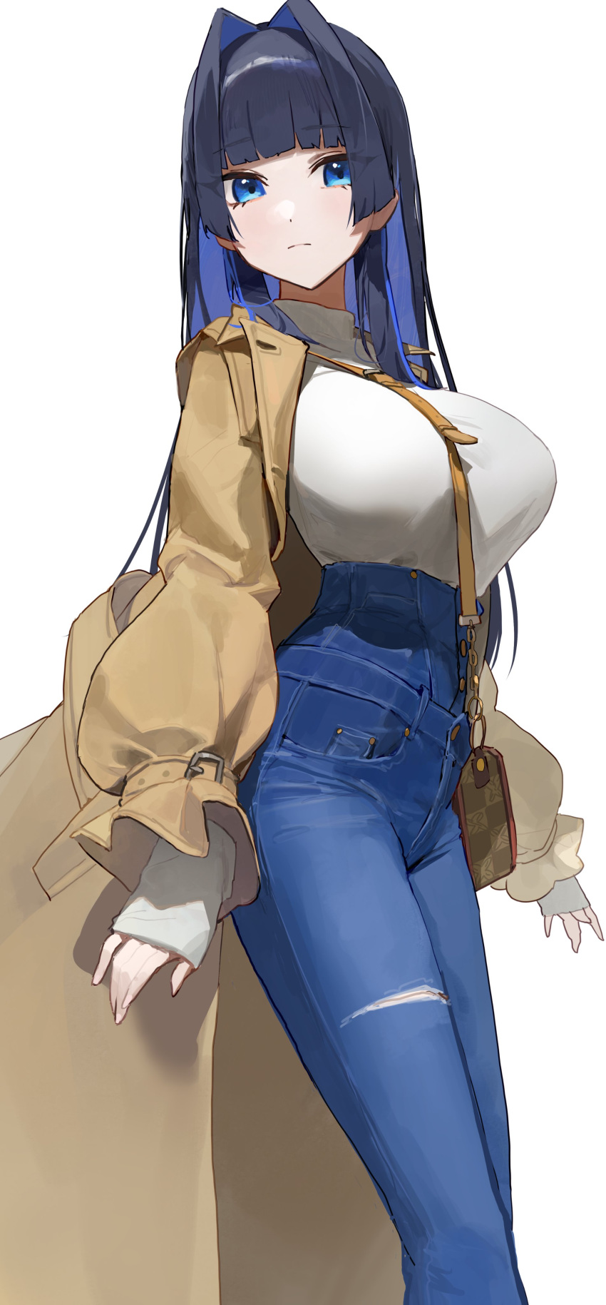 absurdres bag black_hair blue_eyes blue_hair blunt_bangs breasts brown_coat closed_mouth coat cost denim female hair_intakes high-waist_pants highres hololive hololive_english jeans large_breasts logknn long_hair long_sleeves looking_at_viewer multicolored_hair open_clothes open_coat ouro_kronii ouro_kronii_(casual) pants shirt_tucked_in simple_background sleeves_past_wrists solo tented_shirt virtual_youtuber white_background