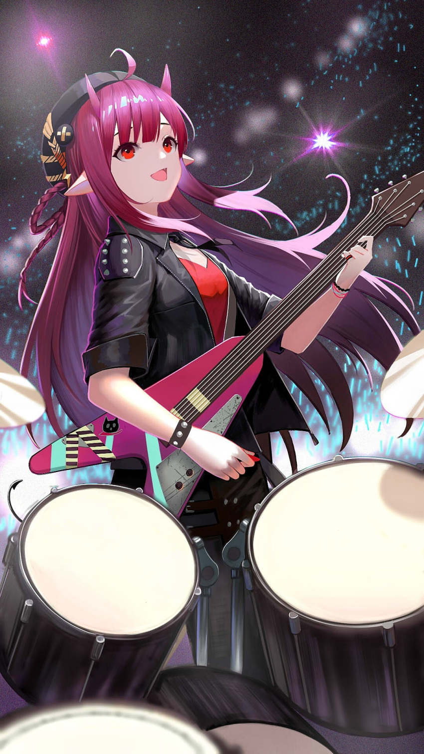 :d ahoge ambience_synesthesia arknights black_headwear black_jacket breasts chinese_commentary cigarette_p commentary_request concert drum drum_set electric_guitar female guitar hat highres holding holding_instrument horns instrument jacket long_hair looking_away music oerba_yun_fang official_alternate_costume open_clothes open_jacket open_mouth playing_instrument pointy_ears red_eyes red_hair short_sleeves sleeves_rolled_up small_breasts smile studded_bracelet tail very_long_hair vigna_(arknights) vigna_(black_wave)_(arknights)