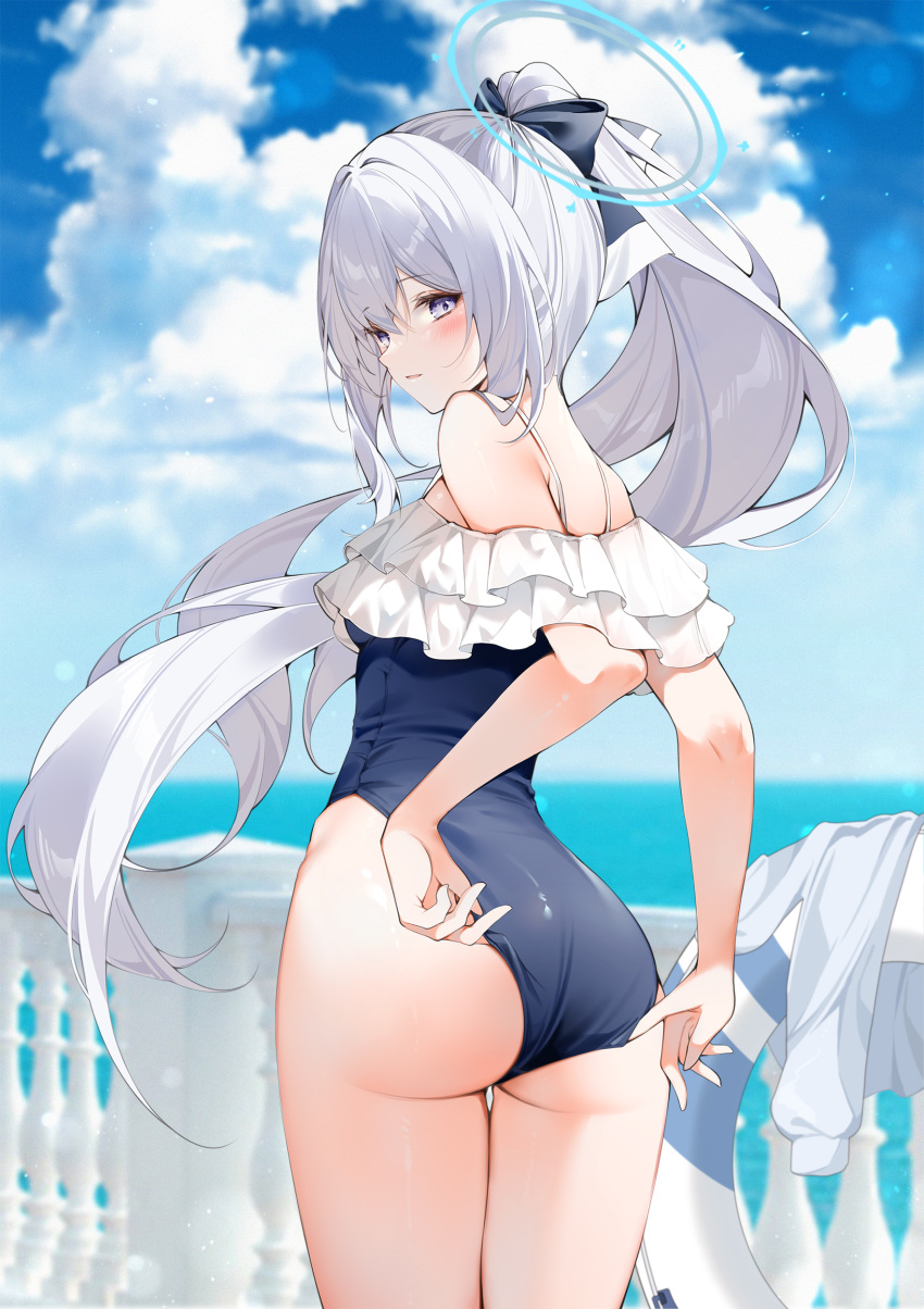 absurdres adjusting_clothes adjusting_swimsuit arms_behind_back ass back bare_shoulders blue_archive blue_one-piece_swimsuit blue_sky blush bow breasts casual_one-piece_swimsuit cloud cloudy_sky commentary cumulonimbus_cloud female floating_hair frilled_one-piece_swimsuit frills from_behind hairbow halo high_ponytail highres hood hooded_jacket jacket lifebuoy long_hair looking_at_viewer looking_back medium_breasts miyako_(blue_archive) miyako_(swimsuit)_(blue_archive) ocean off-shoulder_one-piece_swimsuit off_shoulder official_alternate_costume one-piece_swimsuit outdoors purple_eyes railing sidelocks sideways_mouth sky solo swim_ring swimsuit swimsuit_tug thighs twisted_torso unworn_jacket yukineko1018