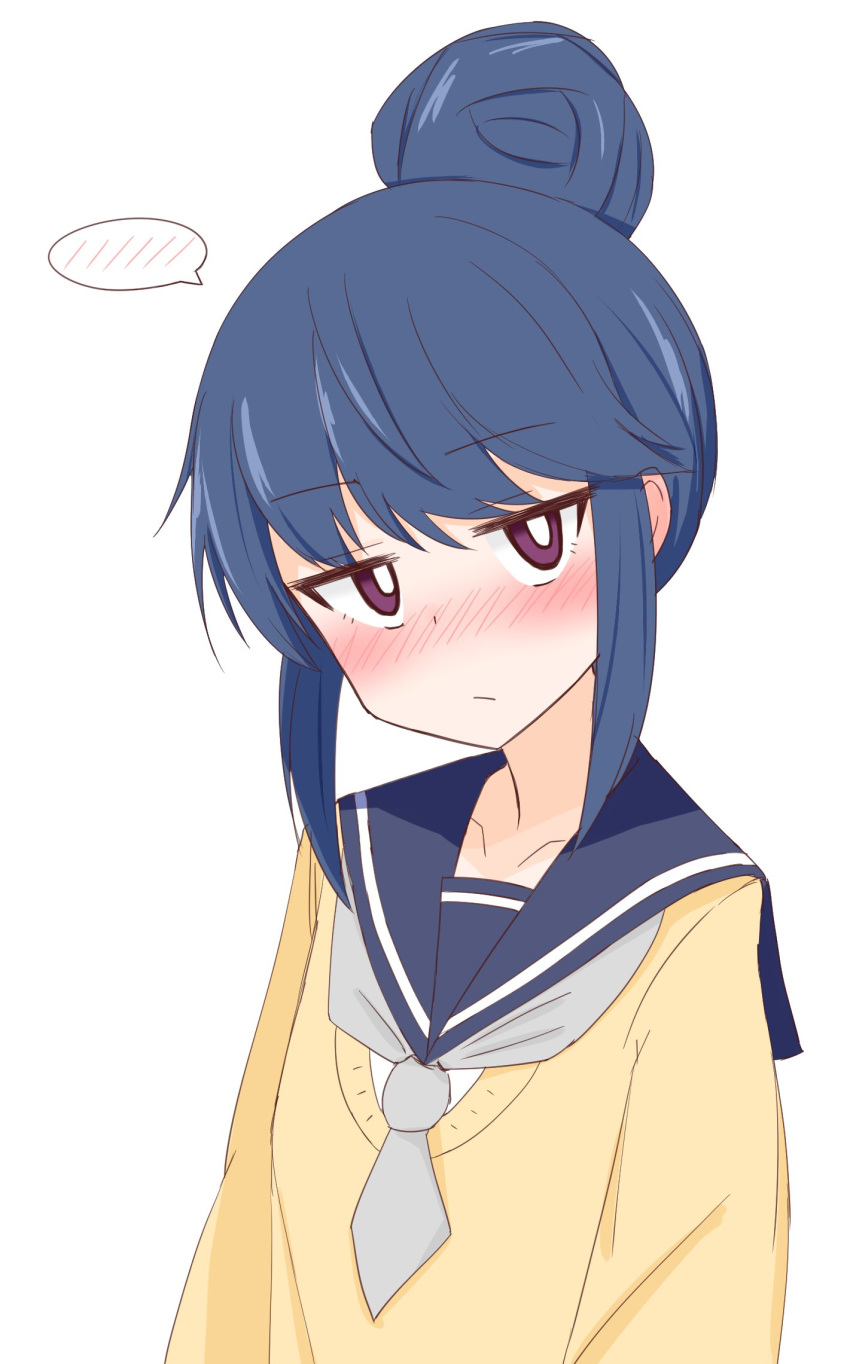 ame_(amechan17391739) bad_id bad_twitter_id blue_hair blue_sailor_collar blush bright_pupils closed_mouth commentary female frown grey_neckerchief hair_bun half-closed_eyes highres looking_at_viewer motosu_school_uniform neckerchief purple_eyes sailor_collar school_uniform serafuku shima_rin short_hair sidelocks single_hair_bun solo spoken_blush sweater upper_body v-neck white_pupils yellow_sweater yurucamp