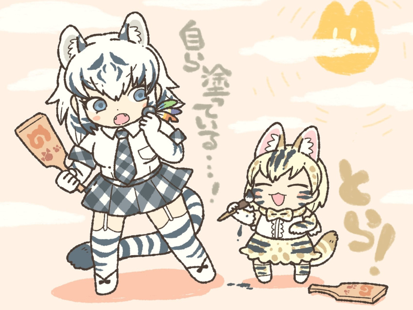 2girls :3 :d :o aged_down animal_ears animal_print bare_shoulders black_hair blonde_hair blue_eyes bow bowtie cat_ears cat_girl cat_tail closed_eyes collared_shirt commentary elbow_gloves extra_ears facepaint fangs garter_straps gloves grey_necktie grey_skirt high-waist_skirt highres japari_symbol kemono_friends kuro_shiro_(kuro96siro46) lolicon multicolored_hair multiple_girls necktie open_mouth plaid plaid_necktie plaid_skirt plaid_trim pleated_skirt print_bow print_bowtie print_gloves print_skirt print_thighhighs serval_print shirt short_sleeves skirt sleeveless smile tail thighhighs tiger tiger_ears tiger_girl tiger_print tiger_stripes tiger_tail translation_request two-tone_hair white_hair white_serval_(kemono_friends) white_tiger white_tiger_(kemono_friends) zettai_ryouiki