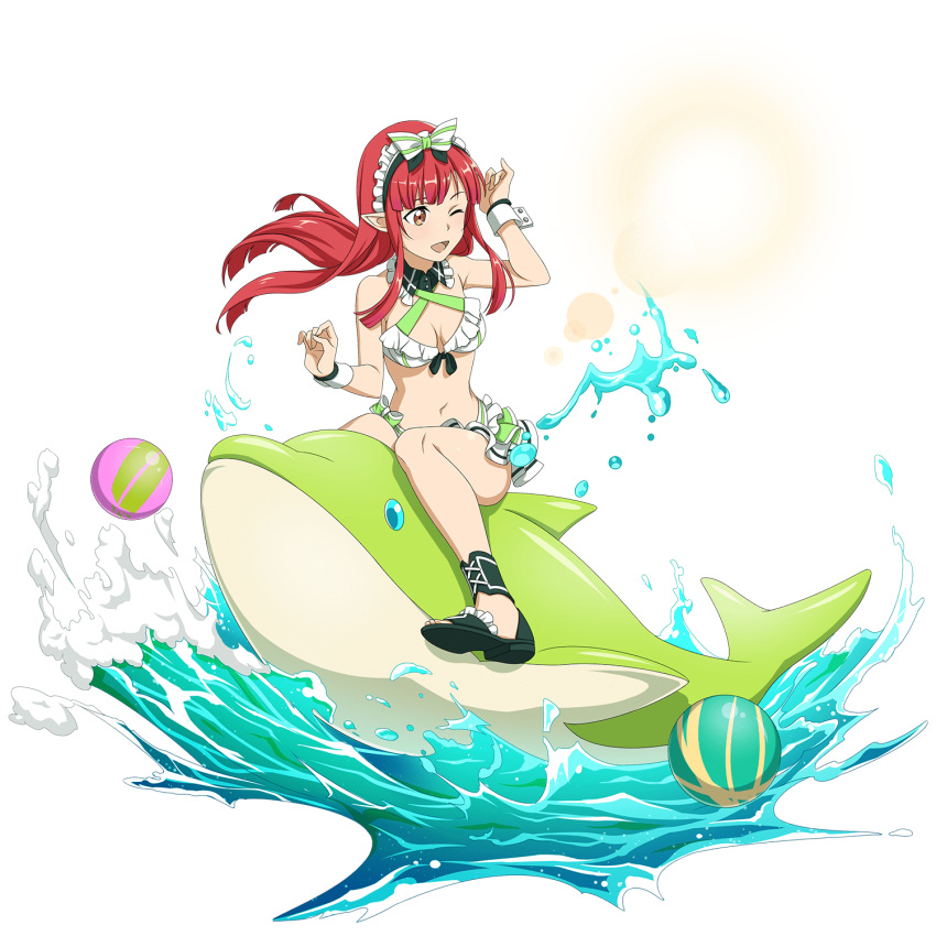 ;d bikini bikini_top_only black_footwear bow breasts choker cleavage dolphin elf female floating_hair frilled_bikini frills full_body highres long_hair maid_headdress miniskirt navel official_art one_eye_closed open_mouth pleated_skirt pointy_ears rain_(sao) red_hair riding skirt small_breasts smile solo swimsuit sword_art_online sword_art_online:_memory_defrag transparent_background white_bikini white_bow white_skirt wrist_cuffs