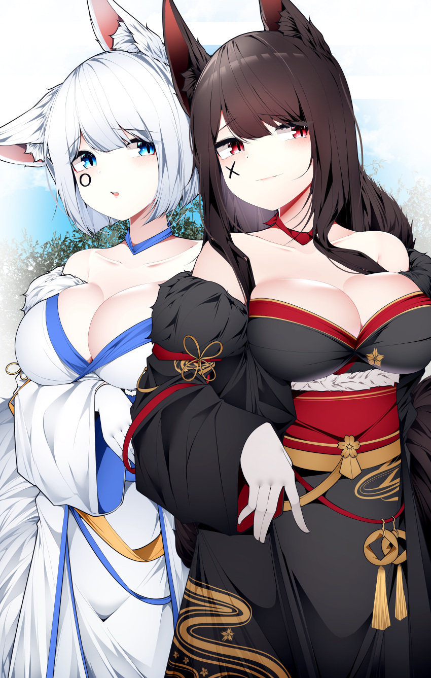 2girls absurdres akagi_(azur_lane) akagi_(plum_and_snow)_(azur_lane) animal_ear_fluff animal_ears azur_lane bare_shoulders black_kimono blue_choker blue_eyes blue_sash blue_sky blush branch breasts brown_hair brown_tail choker cleavage closed_mouth collarbone commentary dated_commentary embarrassed eyebrows facial_mark fox_ears fox_girl fox_tail fur-trimmed_kimono fur_trim gloves gradient_background head_tilt highres japanese_clothes kaga_(azur_lane) kaga_(white_fox's_new_year)_(azur_lane) kimono kitsune kyuubi large_breasts leaf long_hair long_sleeves looking_at_viewer medium_hair multiple_girls multiple_tails obi official_alternate_costume outdoors parted_lips red_choker red_eyes red_sash samip sash sidelocks simple_background sky slit_pupils smile symbol-only_commentary tail teeth tree white_gloves white_hair white_kimono white_tail wide_sleeves xo