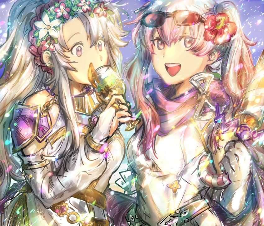 2girls drinking eyewear_on_head fingerless_gloves fire_emblem fire_emblem:_genealogy_of_the_holy_war fire_emblem:_the_blazing_blade fire_emblem_heroes flower gloves hair_flower hair_ornament highres holding jewelry multiple_girls open_mouth pink_hair purple_eyes purple_hair serra_(fire_emblem) shiny smile sunglasses tailtiu_(fire_emblem) yakitoriya0427