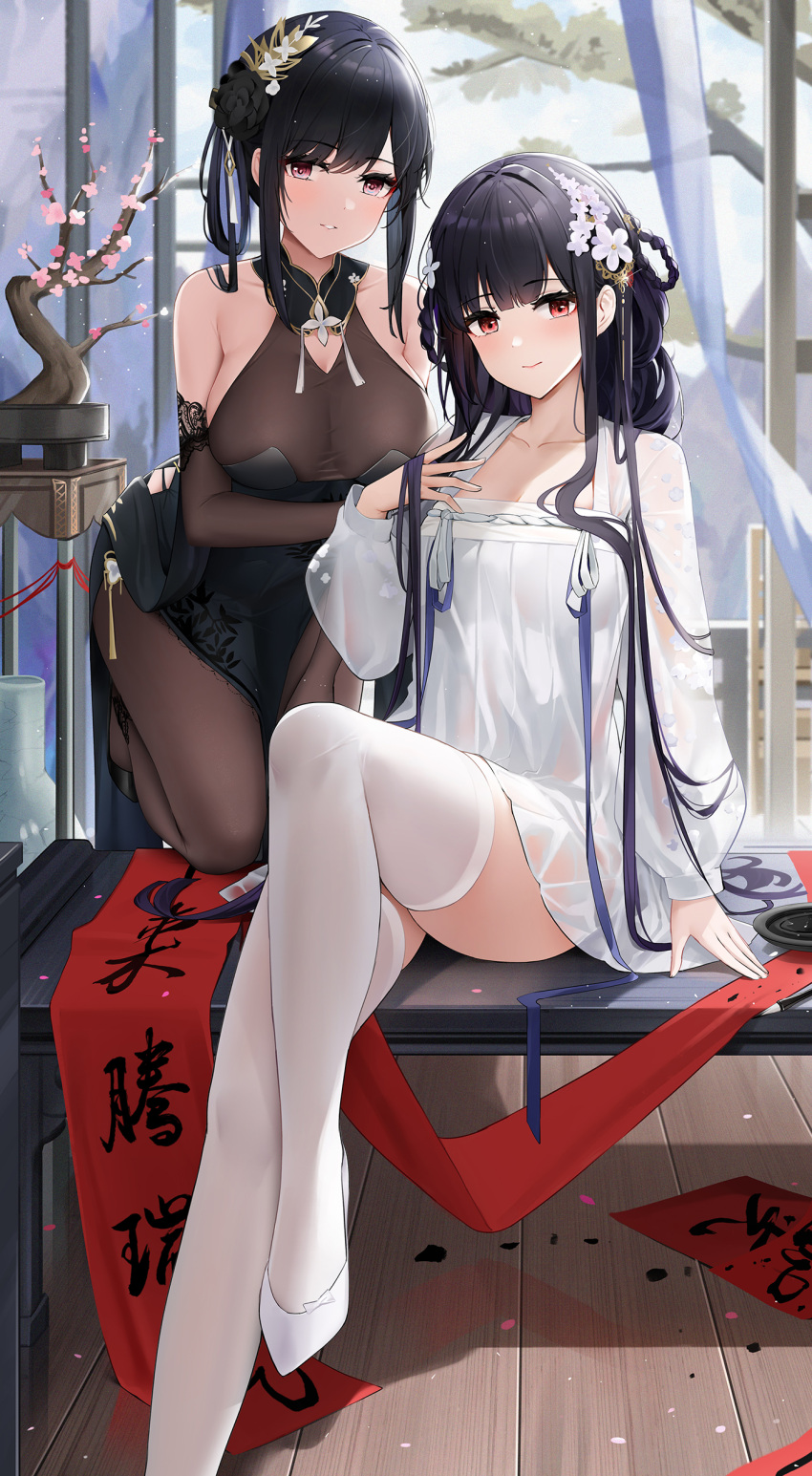 2girls absurdres azur_lane bare_shoulders black_bodysuit black_dress black_footwear black_gloves black_hair blush bodysuit bonsai braid breasts chen_hai_(azur_lane) chen_hai_(vestibule_of_wonders)_(azur_lane) china_dress chinese_clothes chinese_commentary commentary_request dress elbow_gloves flower foot_out_of_frame foot_up gloves hair_flower hair_ornament hair_rings hanfu high_heels highres indoors large_breasts legs long_hair long_sleeves looking_at_viewer medium_breasts multiple_girls official_alternate_costume on_one_knee parted_lips puffy_long_sleeves puffy_sleeves qing_wu qixiong_ruqun red_eyes ruqun see-through see-through_sleeves short_dress sitting standing thighhighs thighs tree very_long_hair white_dress white_footwear white_thighhighs wooden_floor yat_sen_(azur_lane) yat_sen_(paragon_of_celestial_grace)_(azur_lane)