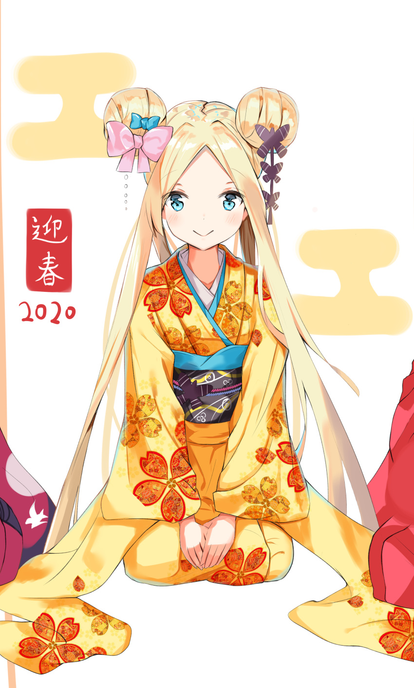 2020 abigail_williams_(fate) absurdres blonde_hair blue_bow blue_eyes blush bow butterfly_hair_ornament closed_mouth commentary double_bun egasumi fate/grand_order fate_(series) female floral_print forehead hair_bun hair_ornament hairbow highres japanese_clothes kimono long_hair long_sleeves multiple_hair_bows obi out_of_frame parted_bangs pink_bow print_kimono sash seiza sidelocks sitting smile solo_focus very_long_hair wide_sleeves yellow_kimono yukaa