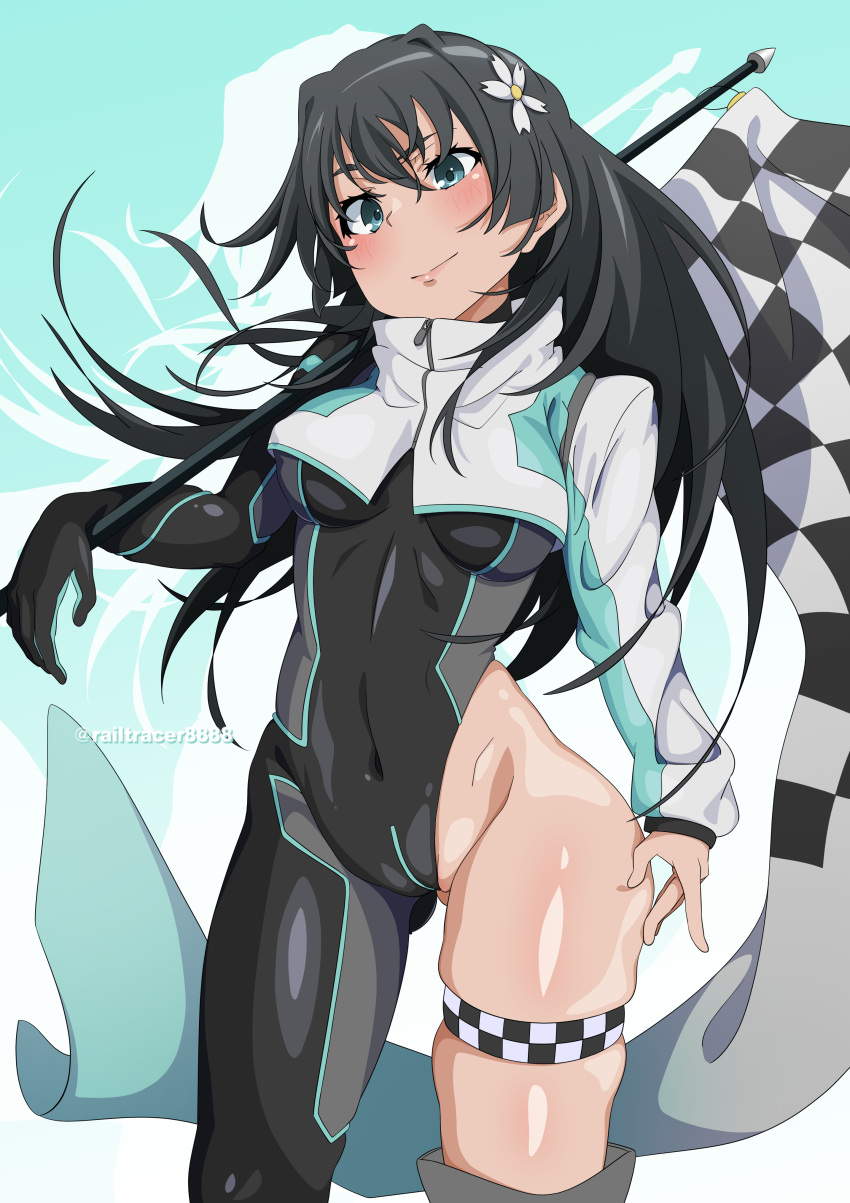 absurdres asymmetrical_clothes black_bodysuit black_gloves black_hair bodysuit checkered_flag covered_navel female flag flower gloves green_eyes hair_flower hair_ornament highleg highres long_hair race_queen railtracer8888 saten_ruiko shrug_(clothing) single_glove single_pantsleg solo toaru_kagaku_no_railgun toaru_majutsu_no_index white_shrug