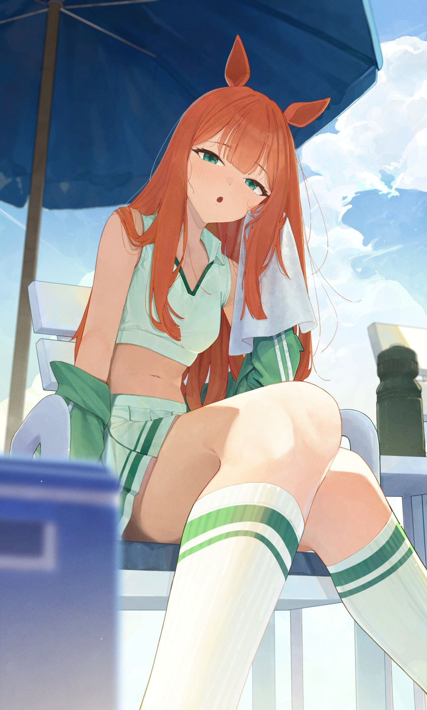 :o aqua_eyes beach_chair beach_umbrella blue_sky breasts cloud crop_top feet_out_of_frame female green_jacket highres horse_girl jacket ningen_gokko open_mouth orange_hair pleated_skirt silence_suzuka_(umamusume) sitting skirt sky small_breasts socks towel umamusume umbrella