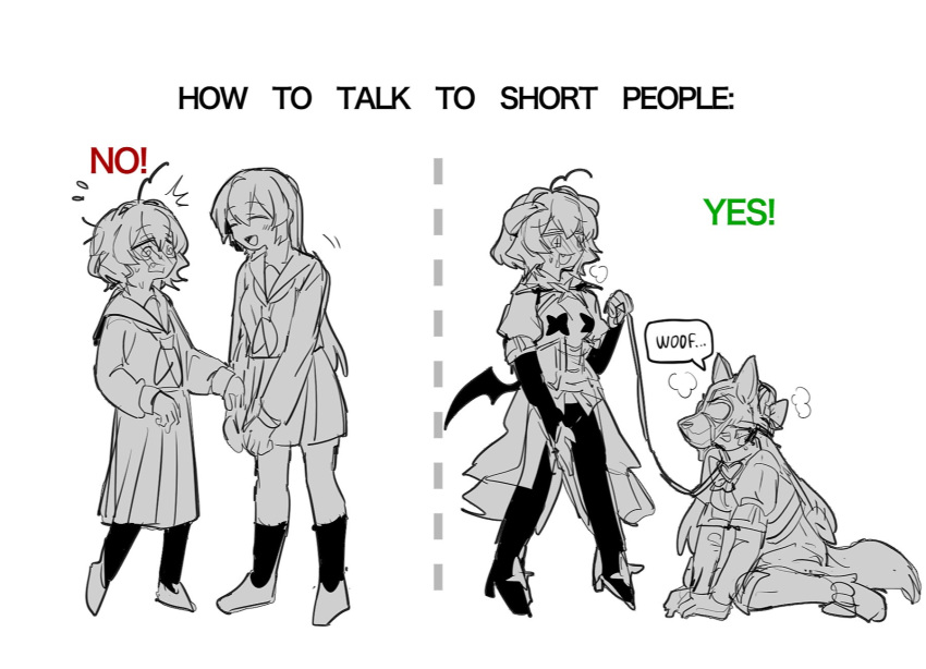 2girls ahoge all_fours an_sin breasts cross_pasties english_commentary femdom forward_facing_horns fox_mask greyscale highres hiiragi_utena horns how_to_talk_to_short_people_(meme) kneeling leash long_hair magia_azure magia_baiser mahou_shoujo_ni_akogarete mask meme minakami_sayo monochrome multiple_girls pasties pet_play school_uniform short_hair yuri