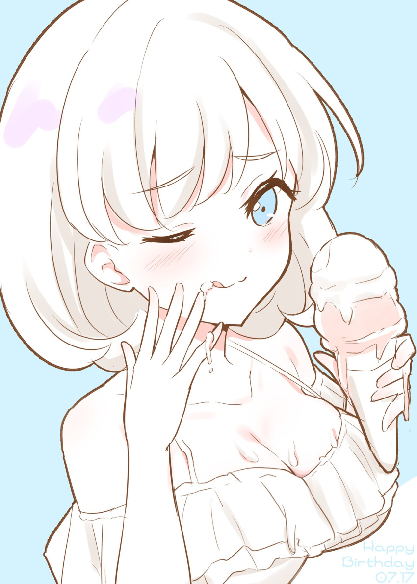 ;3 bikini blue_background blush breasts cleavage closed_mouth collarbone commentary dated double_scoop female food food_on_body food_on_breasts food_on_face frilled_bikini frills happy_birthday highres holding holding_food holding_ice_cream holding_ice_cream_cone ice_cream ice_cream_cone ice_cream_on_face large_breasts looking_at_viewer love_live! love_live!_superstar!! off-shoulder_bikini off_shoulder one_eye_closed partially_colored short_hair simple_background solo split_mouth swimsuit tang_keke upper_body yutuki_ame