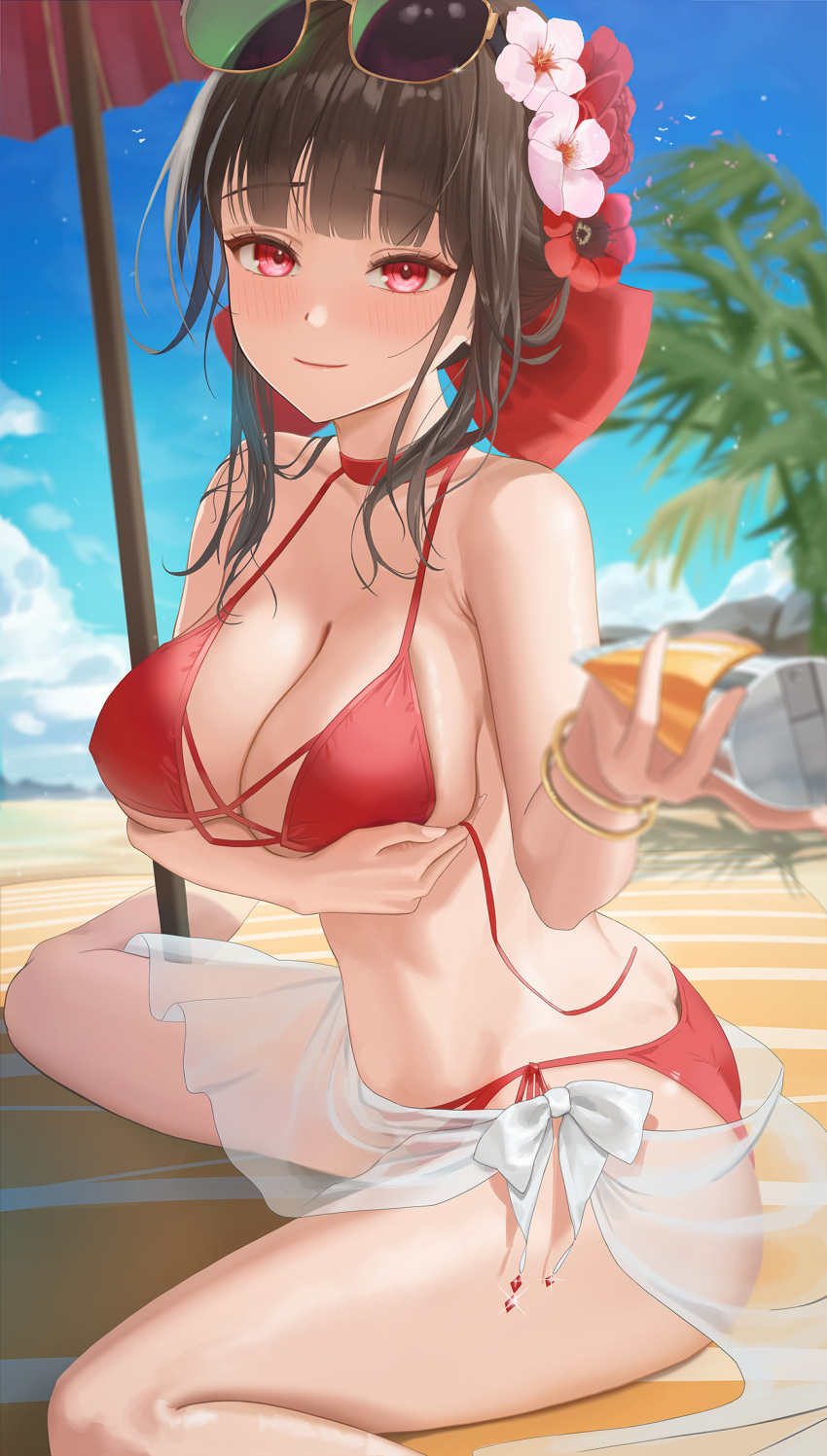 beach beach_umbrella bikini blush bottle breast_lift breasts brown_hair cleavage closed_mouth commentary day eyewear_on_head female flower goddess_of_victory:_nikke hair_flower hair_ornament halterneck highres holding holding_bottle large_breasts looking_at_viewer official_alternate_costume outdoors red_bikini red_eyes sakura_(bloom_in_summer)_(nikke) sakura_(nikke) sarong see-through see-through_sarong shade shugo_15 side-tie_bikini_bottom sitting smile solo sunglasses swimsuit umbrella untied_bikini white_sarong