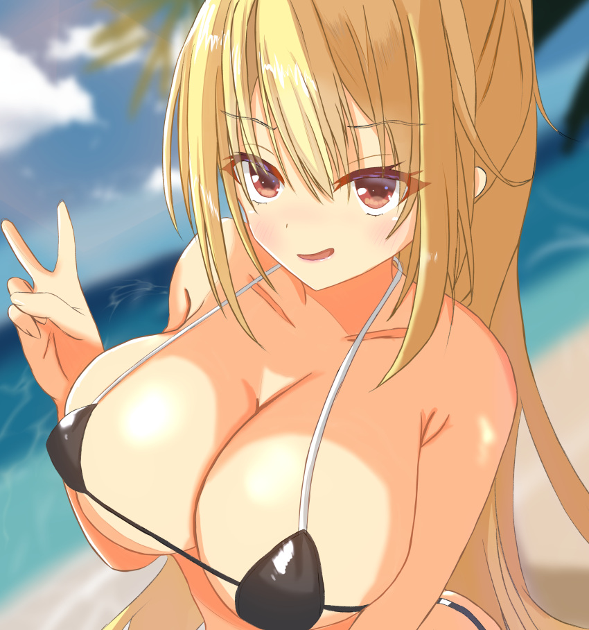 absurdres alternate_costume arihara_nanami armpit_crease bare_shoulders bikini black_bikini blonde_hair blurry blurry_background blush breasts cleavage collarbone commentary_request day eyes_visible_through_hair female hair_between_eyes halterneck hand_up highres large_breasts long_hair looking_at_viewer micro_bikini naughty_face open_mouth outdoors red_eyes riddle_joker sakuratoru smile smug solo swimsuit tsurime v very_long_hair