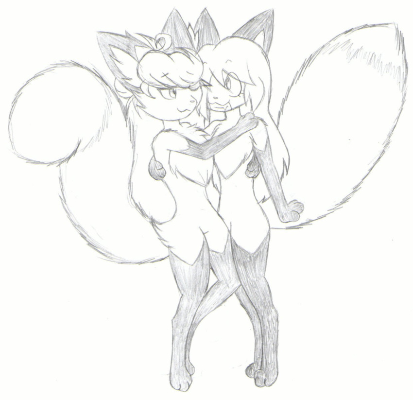 anthro arm_around_partner averi's_friend averi_(fiddleafox) canid canine dipstick_tail duo female female/female female_anthro fox fur gender_stupid gloves_(marking) hair hi_res hug leg_markings looking_at_another mammal markings monochrome one_eye_closed paws simple_background smile socks_(marking) standing tail tail_markings