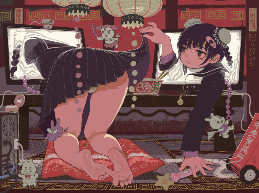 bare_legs barefoot black_hair black_sailor_collar black_shirt black_skirt braid catcar0983 clock clothes_lift commentary_request computer expressionless feet female full_body grey_eyes highres kneepits lifting_own_clothes long_hair long_sleeves monitor multiple_monitors original panties pillow pleated_skirt sailor_collar school_uniform shirt skirt skirt_lift soles solo star_(symbol) thighs through_medium through_screen toes twin_braids twintails underwear webcam white_panties