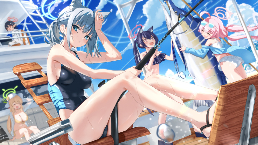 5girls animal_ear_fluff animal_ears ayane_(blue_archive) ayane_(swimsuit)_(blue_archive) bare_shoulders black_hair blonde_hair blue_archive blue_eyes blue_sky blush breasts commentary_request competition_swimsuit cross_hair_ornament extra_ears fish fishing_rod foreclosure_task_force_(blue_archive) grey_hair hair_ornament halo highres holding holding_fishing_rod hoshino_(blue_archive) hoshino_(swimsuit)_(blue_archive) looking_at_viewer medium_breasts medium_hair multiple_girls nonomi_(blue_archive) nonomi_(swimsuit)_(blue_archive) official_alternate_costume one-piece_swimsuit pink_hair serika_(blue_archive) serika_(swimsuit)_(blue_archive) shiroko_(blue_archive) shiroko_(swimsuit)_(blue_archive) short_ponytail sidelocks sky swimsuit tsuuhan wolf_ears