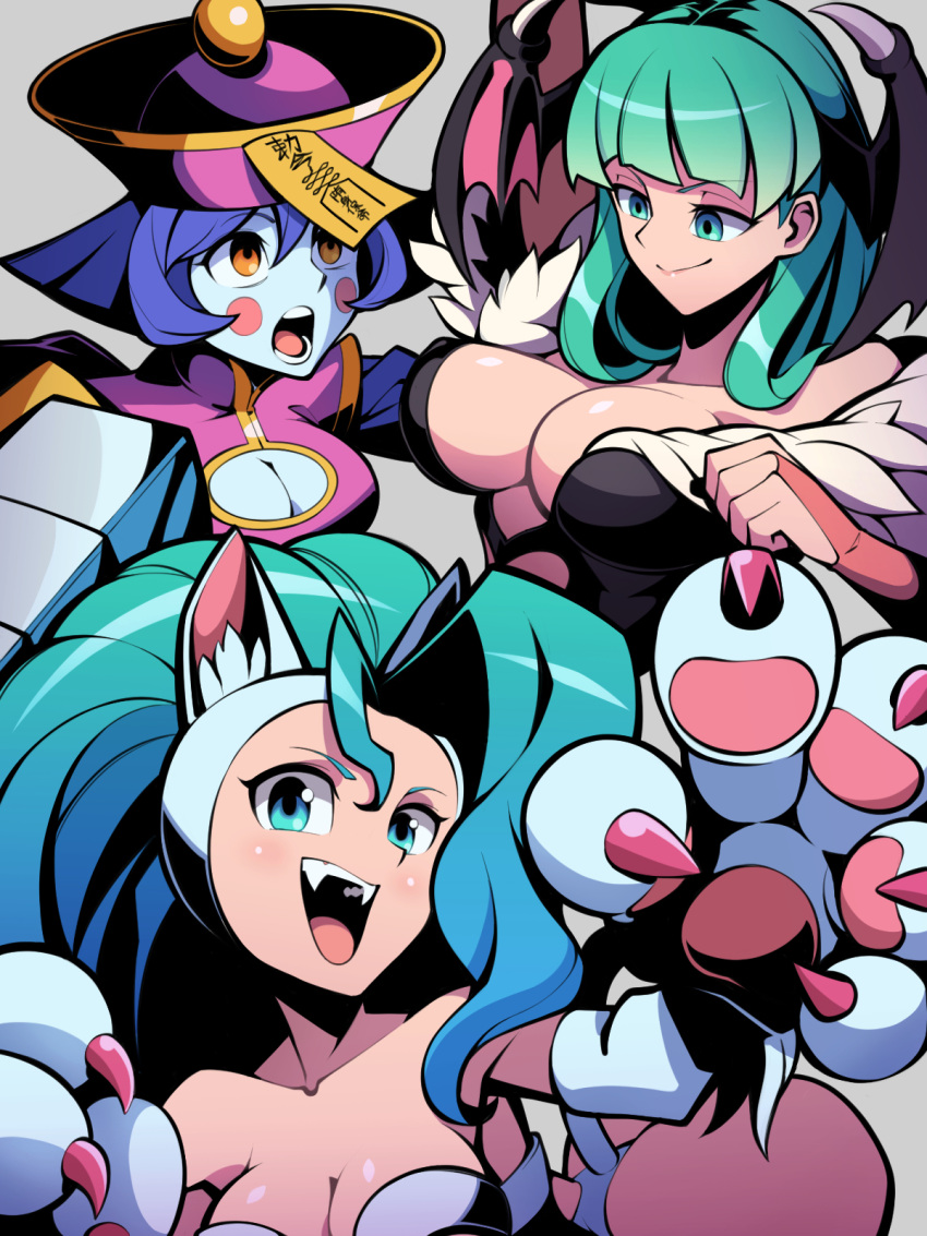 3girls animal_ears animal_hands bat_wings blue_eyes blue_hair blue_skin blush_stickers breasts cat_ears cat_girl cat_paws chinese_clothes claw_(weapon) claws cleavage_cutout clothing_cutout colored_skin eyelashes fangs felicia_(vampire) flipped_hair green_eyes green_hair grey_background hat head_wings highres jiangshi large_breasts lei_lei long_hair looking_at_another looking_at_viewer looking_up morrigan_aensland multiple_girls orange_eyes pechamaju purple_hair qingdai_guanmao shiny_skin short_hair smile vampire_(game) weapon wings zombie