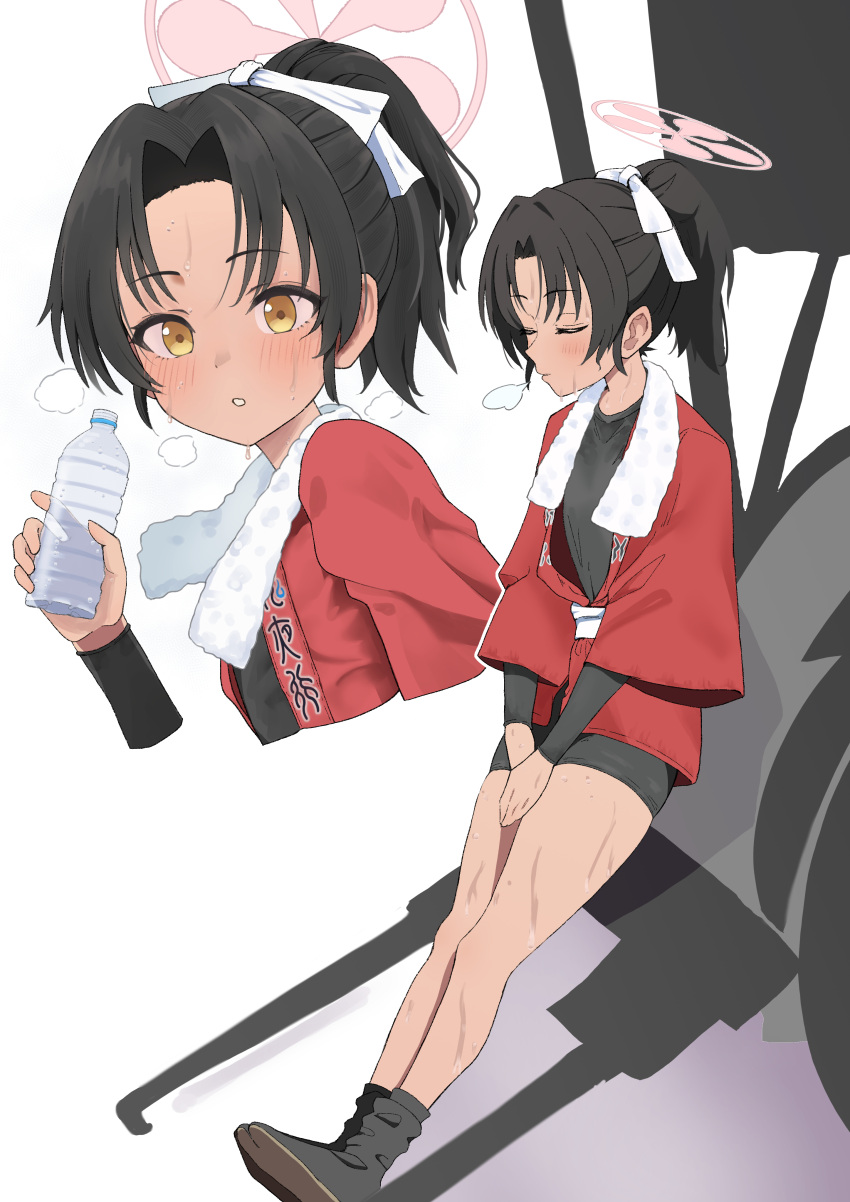 absurdres bare_legs black_hair blue_archive blush boots bottle breath closed_eyes commentary_request female halo happi highres holding holding_bottle japanese_clothes jika-tabi keke_(user_djyu7823) looking_at_viewer multiple_views open_happi parted_lips pink_halo ponytail red_happi resting rickshaw rickshaw_student_(blue_archive) simple_background solo sweat thighs towel towel_around_neck water_bottle white_background white_towel