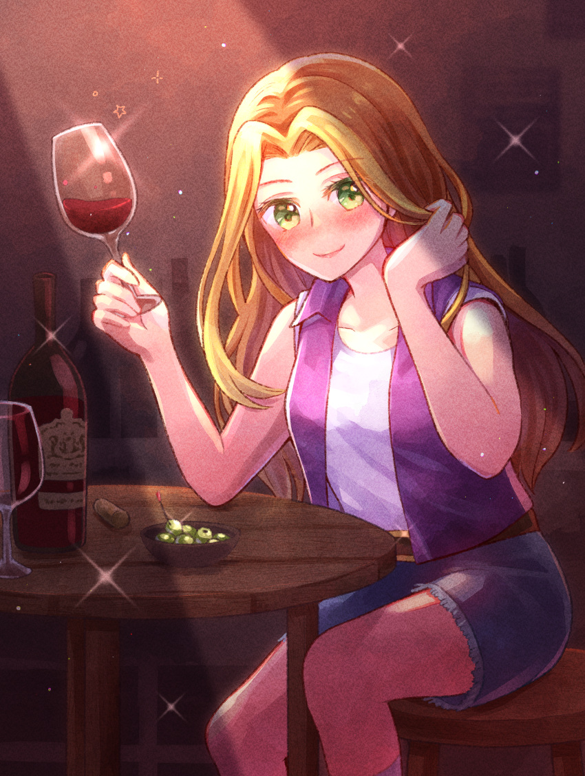 absurdres alcohol blonde_hair blush bokujou_monogatari bokujou_monogatari_2 bottle brown_hair chair collarbone commentary_request cup drinking_glass female green_eyes highres hina_cassiopeia holding holding_cup karen_(bokujou_monogatari) looking_at_viewer multicolored_hair short_shorts shorts sitting smile solo sparkle table two-tone_hair wine wine_bottle wine_glass wooden_chair wooden_table