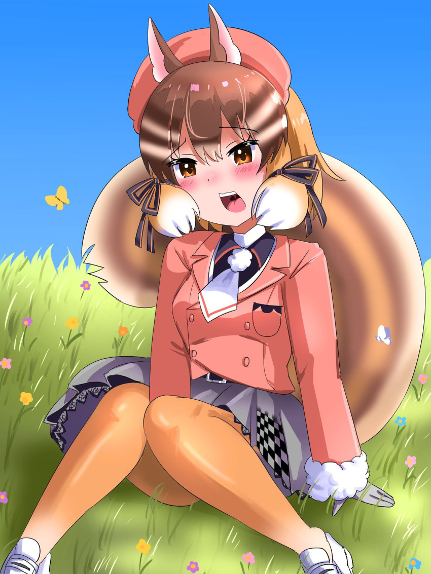 3abw2 animal_ears belt brown_eyes brown_hair chipmunk_ears chipmunk_girl chipmunk_tail extra_ears female gloves hat highres island_fox_(kemono_friends) jacket kemono_friends kemono_friends_v_project looking_at_viewer necktie outdoors pantyhose ribbon shirt shoes short_hair siberian_chipmunk_(kemono_friends) skirt solo tail virtual_youtuber