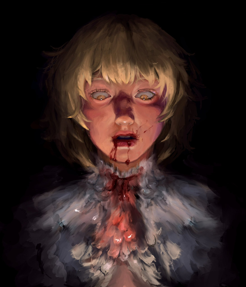 black_background blonde_hair blood blood_on_face chiaroscuro chimera demaymayart dungeon_meshi falin_touden falin_touden_(chimera) feathers female highres monster_girl painterly parted_lips portrait realistic short_hair simple_background solo white_feathers yellow_eyes