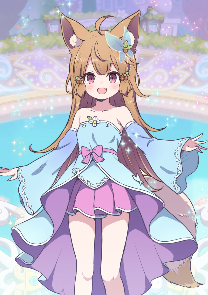 :d ahoge animal_ear_fluff animal_ears bare_shoulders beast_tamer_(maplestory) blue_dress blue_sleeves blurry blurry_background blush brown_hair commentary_request depth_of_field detached_sleeves dress female hair_bobbles hair_ornament highres long_hair long_sleeves looking_at_viewer maplestory nekono_rin oerba_yun_fang pleated_skirt purple_eyes purple_skirt skirt sleeves_past_wrists smile solo strapless strapless_dress tail very_long_hair wide_sleeves