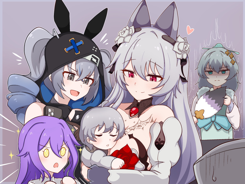 5girls :d bare_shoulders blue_hair breasts bronya_zaychik bronya_zaychik_(haxxor_bunny) captain_(honkai_impact) closed_mouth commentary_request detached_sleeves flower gradient_hair green_eyes grey_background grey_eyes grey_hair grey_sleeves hair_between_eyes hair_flower hair_ornament hair_through_headwear heart highres honkai_(series) honkai_impact_3rd hood hood_up juliet_sleeves long_sleeves medium_breasts milliani multicolored_hair multiple_girls puffy_sleeves purple_hair red_eyes red_flower red_rose ringlets rose shaded_face simple_background sirin smile sweat theresa_apocalypse theresa_apocalypse_(luna_kindred) theresa_apocalypse_(lunar_vow:_crimson_love) theresa_apocalypse_(till_death_do_us_part) twintails v-shaped_eyebrows white_flower white_rose yellow_eyes zhuge_kongming_(honkai_impact)