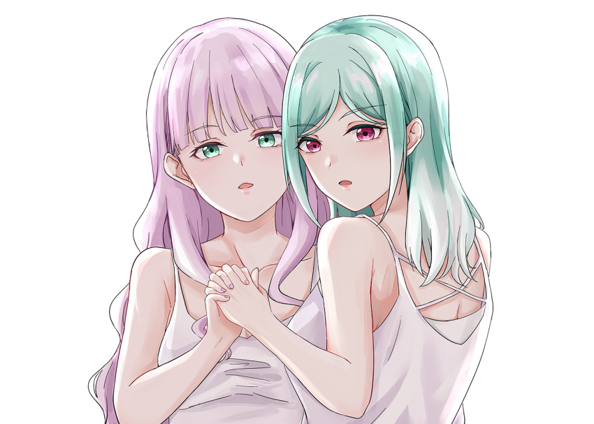 2girls blunt_bangs camisole collarbone commentary_request green_eyes green_hair hair_down holding_hands hoshi_to_nishi interlocked_fingers long_hair looking_at_viewer love_live! love_live!_superstar!! medium_hair multiple_girls onitsuka_tomari open_mouth purple_eyes purple_hair sidelocks upper_body wavy_hair white_background white_camisole wien_margarete