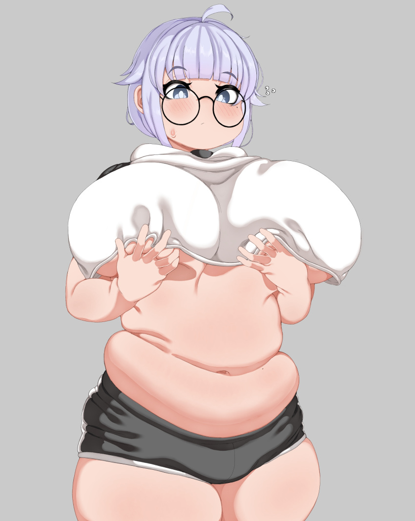 ahoge blue_eyes blunt_bangs blush breast_hold breasts closed_mouth cowboy_shot fat female glasses grey_background grey_shorts highres huge_breasts icecube2lazy looking_down medium_hair mole mole_on_stomach navel no_nose original purple_hair short_shorts shorts simple_background solo sweatdrop thick_thighs thighs