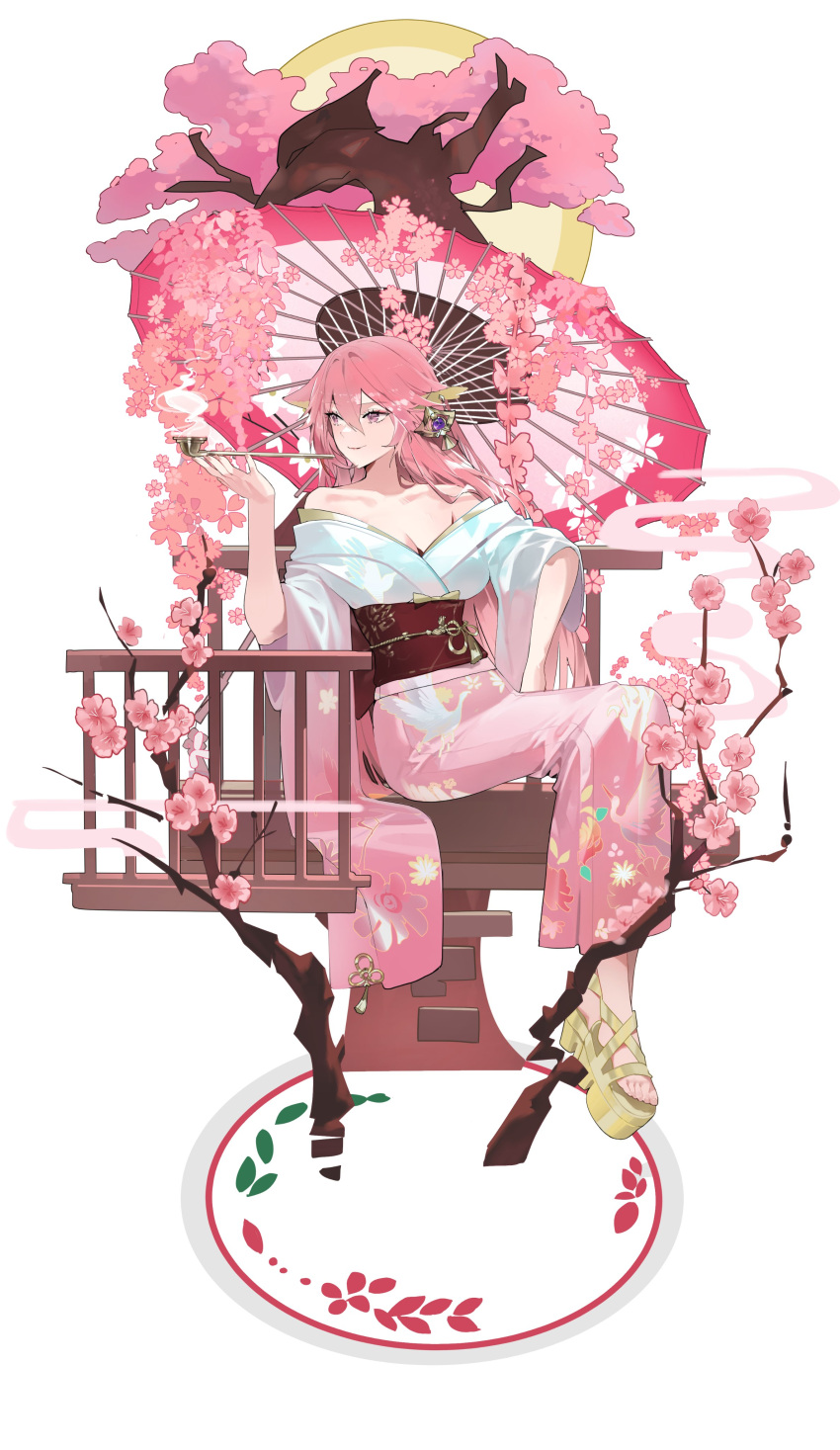 absurdres alternate_costume animal_ears bare_shoulders breasts buri_(retty9349) cleavage closed_mouth female fox_ears full_body genshin_impact gold_footwear hair_between_eyes highres japanese_clothes kimono long_hair long_sleeves looking_to_the_side pink_hair pink_kimono purple_eyes sandals simple_background sitting smile vision_(genshin_impact) white_background wide_sleeves yae_miko