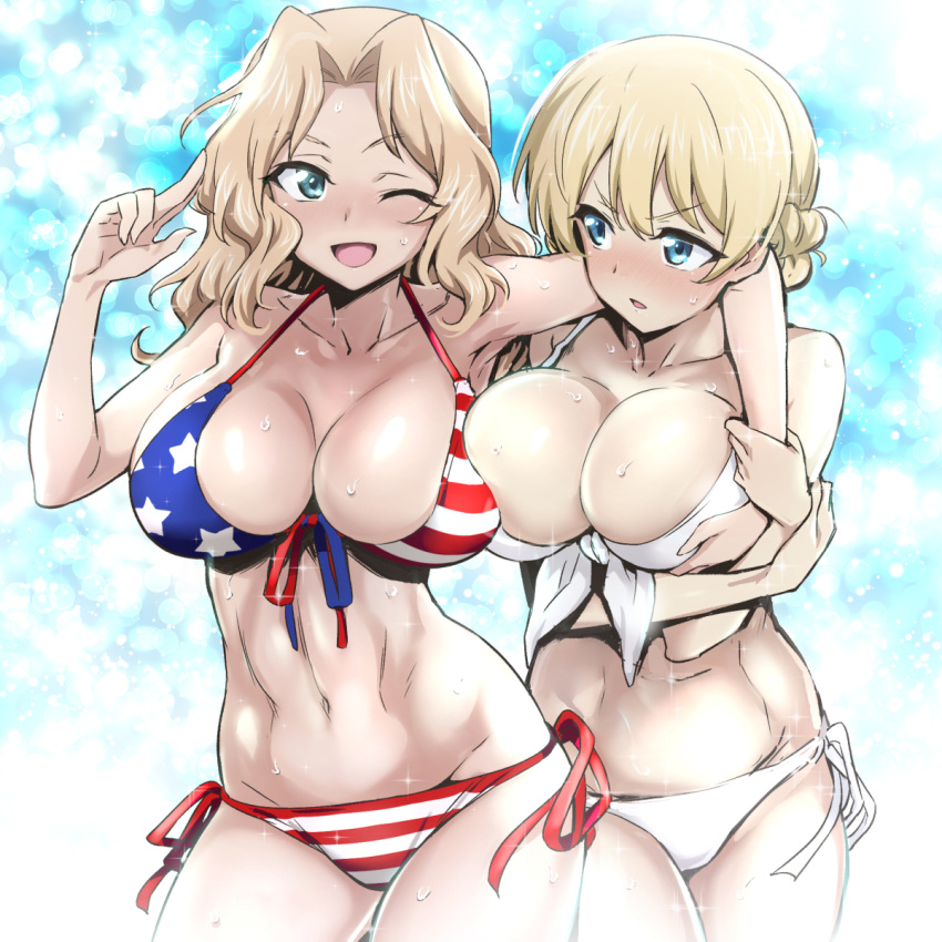 2girls ;d american_flag american_flag_bikini american_flag_print armpits bikini blonde_hair blue_eyes braid breast_press breasts cleavage cloud cloudy_sky commentary_request cowboy_shot darjeeling_(girls_und_panzer) flag_print front-tie_bikini_top front-tie_top girls_und_panzer hair_intakes highres kay_(girls_und_panzer) large_breasts long_hair multiple_girls nakahira_guy navel one_eye_closed open_mouth print_bikini short_hair side-tie_bikini_bottom sky smile stomach swimsuit symmetrical_docking twin_braids white_bikini yuri