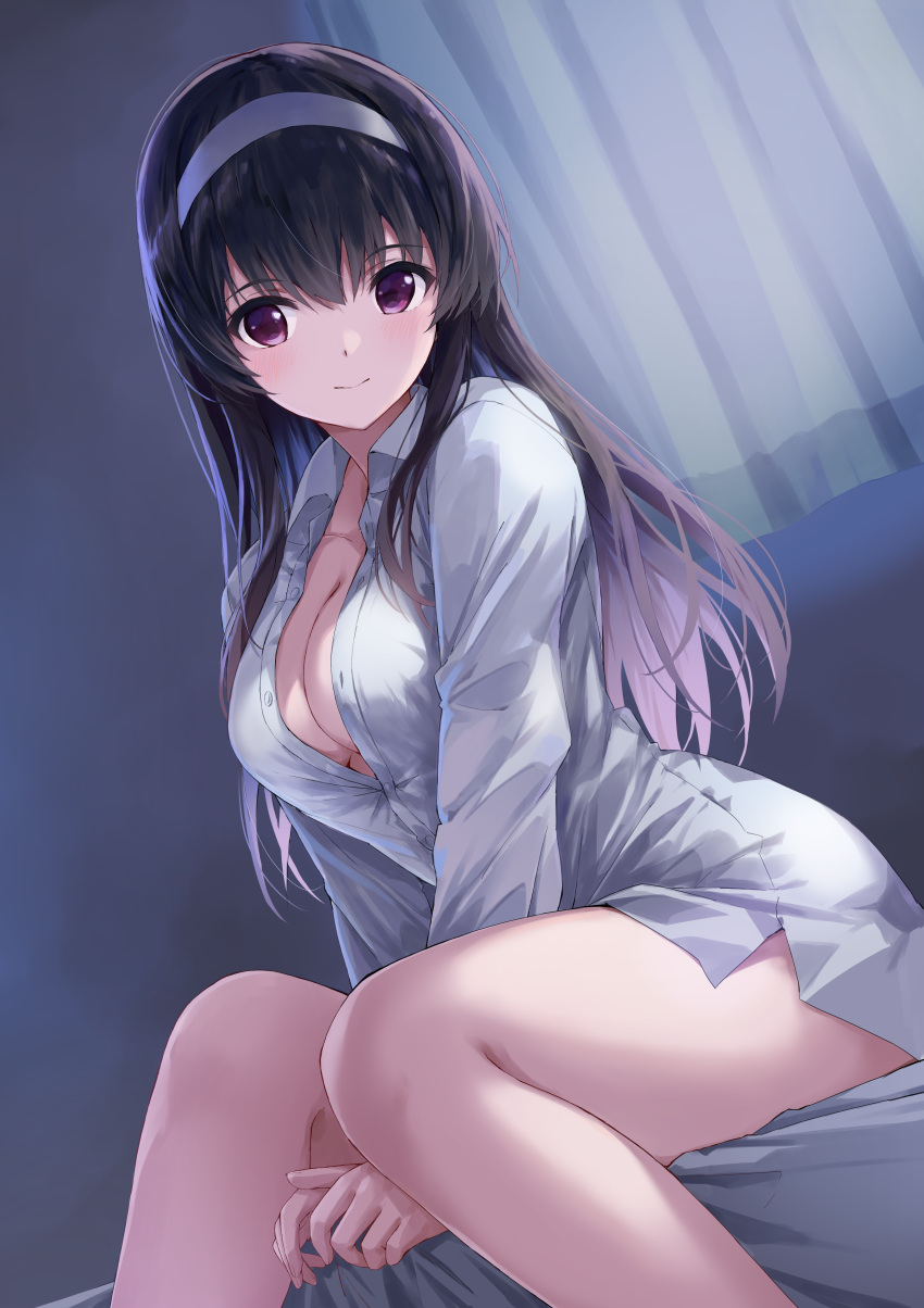 absurdres black_hair breasts closed_mouth collarbone collared_shirt commentary_request curtains female hairband highres indoors kasumigaoka_utaha large_breasts long_hair long_sleeves looking_at_viewer naked_shirt partially_unbuttoned purple_eyes saenai_heroine_no_sodatekata shirt sitting smile solo thighs white_hairband yanagi_marie