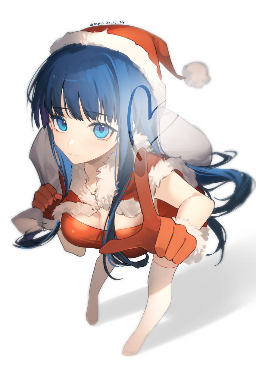 absurdres alternate_costume artist_name blue_eyes blue_hair blunt_bangs breasts capelet cleavage dated female full_body fur_trim glass_writing gloves hat heart highres holding holding_sack index_finger_raised large_breasts leotard long_hair mikou_(mikou_minnow) no_shoes pom_pom_(clothes) red_capelet red_gloves red_leotard sack santa_costume santa_hat sidelocks simple_background solo thighhighs touma_kazusa very_long_hair white_album_(series) white_album_2 white_background white_thighhighs