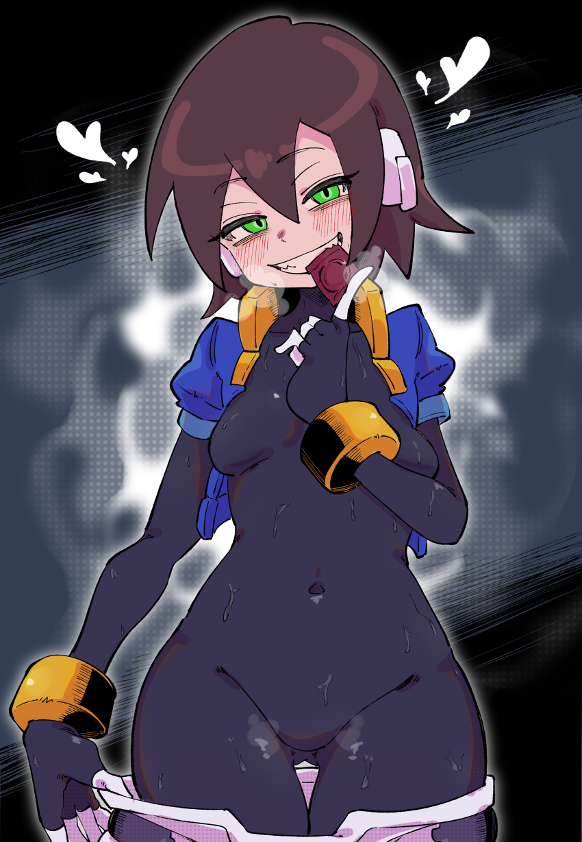 absurdres aile_(mega_man_zx) arm_under_breasts aura black_bodysuit blue_jacket blush bodysuit bodysuit_under_clothes breasts brown_hair buzzlyears clothes_pull condom condom_wrapper covered_navel cowboy_shot cropped_jacket female glowing green_eyes heart highres holding holding_condom jacket medium_breasts mega_man_(series) mega_man_zx open_clothes open_jacket parted_lips robot_ears shorts shorts_pull smile solo sweat teeth