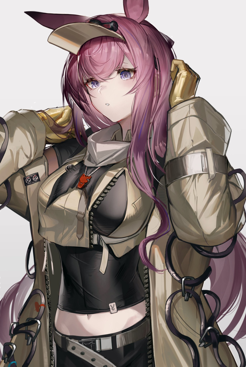 animal_ears arknights arms_behind_head black_shirt breasts collared_shirt female gloves hair_between_eyes highres hiyaori_(hiyahiyaval) jacket long_hair long_sleeves looking_at_viewer midriff navel purple_eyes purple_hair rabbit_ears rabbit_girl ray_(arknights) shirt simple_background solo upper_body visor_cap white_background yellow_gloves