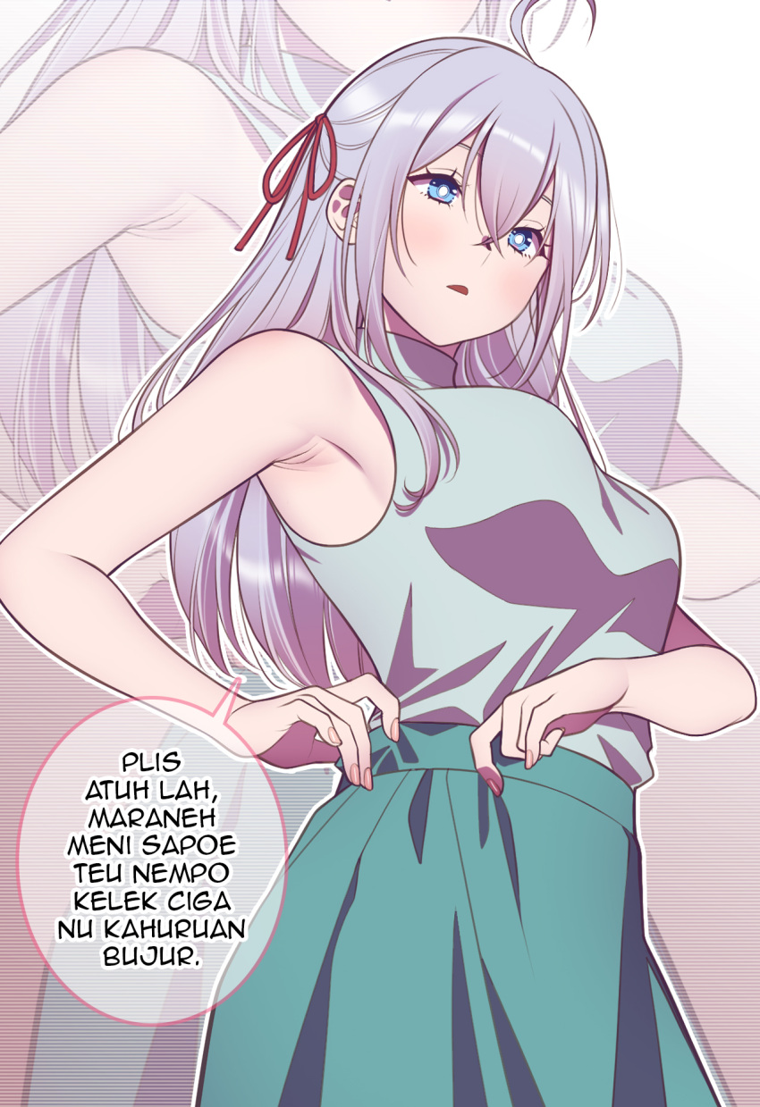 adjusting_clothes adjusting_skirt alisa_mikhailovna_kujou andrian_januar_adilia armpit_crease blue_eyes commentary english_commentary female flower_knot green_skirt grey_hair hair_between_eyes highres indonesian_text long_hair looking_at_viewer medium_hair parted_lips shirt sidelocks skirt sleeveless sleeveless_shirt solo speech_bubble standing sundanese_text tokidoki_bosotto_roshia-go_de_dereru_tonari_no_arya-san translation_request turtleneck turtleneck_shirt upper_body zoom_layer